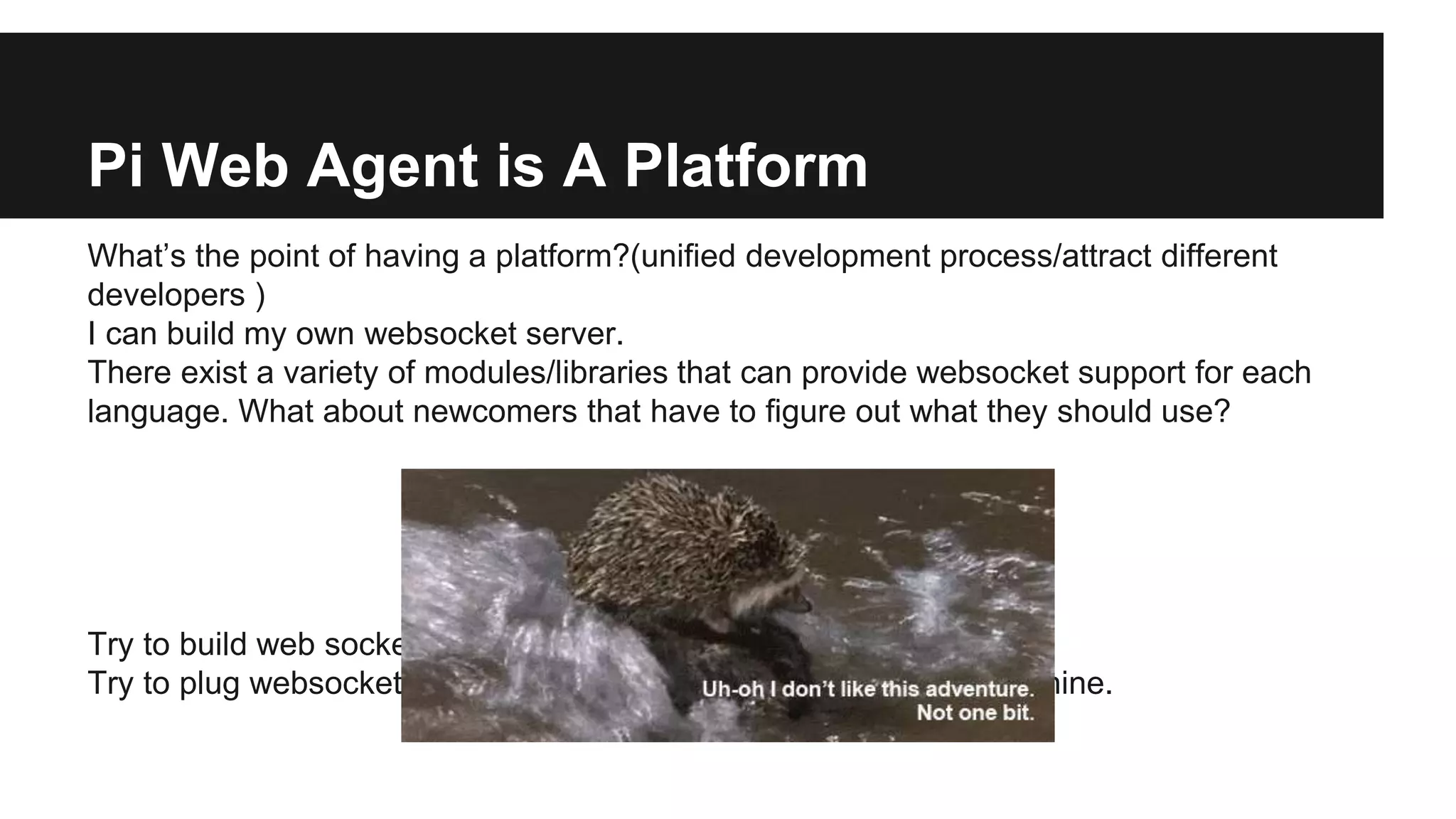 Pi Web Agent is A Platform
What’s the point of having a platform?(unified development process/attract different
developers )
I can build my own websocket server.
There exist a variety of modules/libraries that can provide websocket support for each
language. What about newcomers that have to figure out what they should use?
Try to build web socket server to serve your bash script.
Try to plug websockets to an existing application on your linux machine.
 