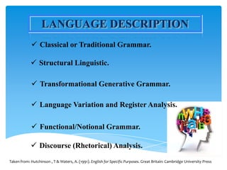 LANGUAGE DESCRIPTION
             Classical or Traditional Grammar.

             Structural Linguistic.

              Transformational Generative Grammar.

             Language Variation and Register Analysis.

             Functional/Notional Grammar.

             Discourse (Rhetorical) Analysis.
Taken from: Hutchinson , T & Waters, A. (1991). English for Specific Purposes. Great Britain: Cambridge University Press
 