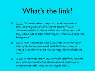 What’s the link?
2010: “students who attempted to work laboriously
through every sentence found the task difficult.
Students needed to choose which parts of the material
they would use to explore the way in which language was
being used.”
2010: “Some responses were just simple summaries or
lists of the techniques used, with little development.
These pieces did not score well as they did not fulfil the
task.”
2011: In stronger responses, strategic selection, together
with well-developed précis skills, allowed students to
demonstrate their language analysis skills.
 
