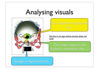 Analysing visuals
We live in an age where privacy does not
exist
Our attention is captured
by...
Google is represented as...
The image supports the
author’s contention that......
 