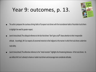 Year 9: outcomes, p. 13.
• TheauthorjuxtaposesthecourteousdrivinghabitsofEuropeantruckdriverswiththeinconsideratehabitsofAustraliantruckdrivers
tohighlighttheneedforgreaterrespect.
• (wordchoice/attack)Thecolloquialreferencetothefactthatdrivers“don’tgiveastuff”drawsattentiontotheirirresponsible
attitude. Accordingly,MrCrunexpectsallconcernedmotoriststofeelindignantatthemannerinwhichthetruckdriversundermine
roadsafety.
• (wordchoice/attack)Thealliterativereferencetothe“metalmonsters”highlightsthethreateningbehaviour ofthetruckdrivers. Its
usereflectsMrCrun’sattempttoshameorisolatetruckdriversandencouragemoreconsiderateattitudes.
 