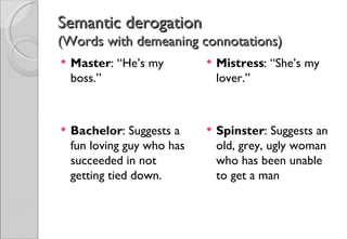Semantic derogation
(Words with demeaning connotations)
   Master: “He’s my            Mistress: “She’s my
    boss.”   ...