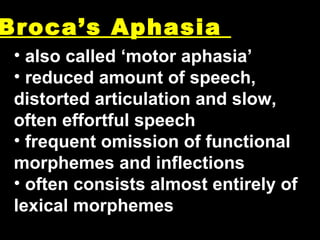 Broca’s Aphasia  also called ‘motor aphasia’ reduced amount of speech, distorted articulation and slow, often effortful speech frequent omission of functional morphemes and inflections often consists almost entirely of lexical morphemes 