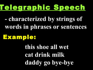 Telegraphic Speech - characterized by strings of words in phrases or sentences Example: this shoe all wet cat drink milk daddy go bye-bye 