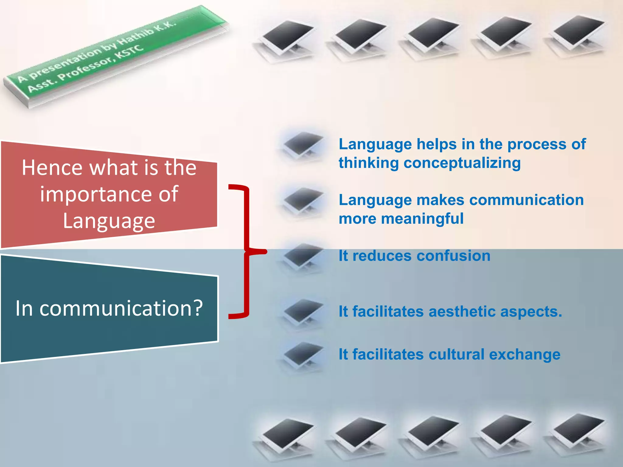 Hence what is the
importance of
Language
In communication?
Language helps in the process of
thinking conceptualizing
Language makes communication
more meaningful
It reduces confusion
It facilitates aesthetic aspects.
It facilitates cultural exchange
 
