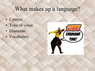 What makes up a language? Context Tone of voice Grammar Vocabulary 