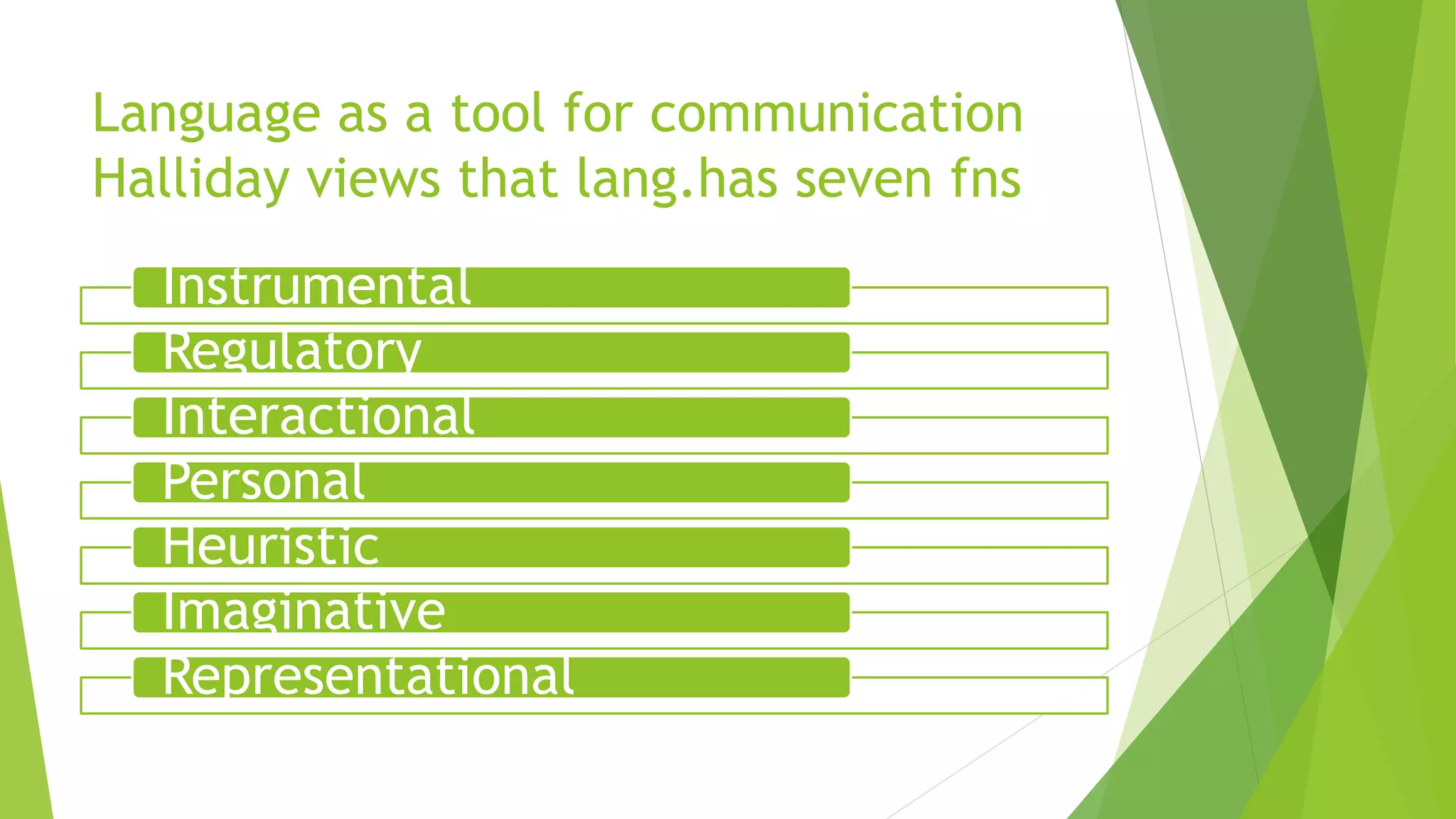 Language as a tool for communication
Halliday views that lang.has seven fns
Instrumental
Regulatory
Interactional
Personal
Heuristic
Imaginative
Representational
 