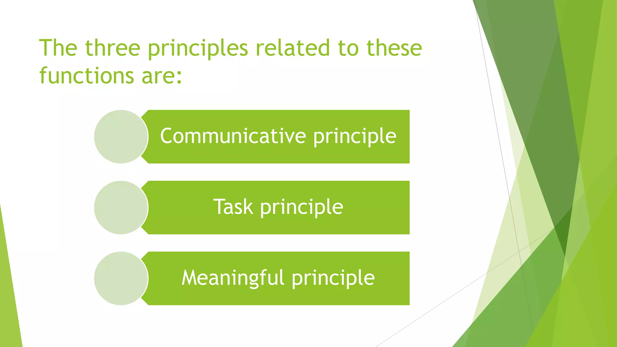 The three principles related to these
functions are:
Communicative principle
Task principle
Meaningful principle
 