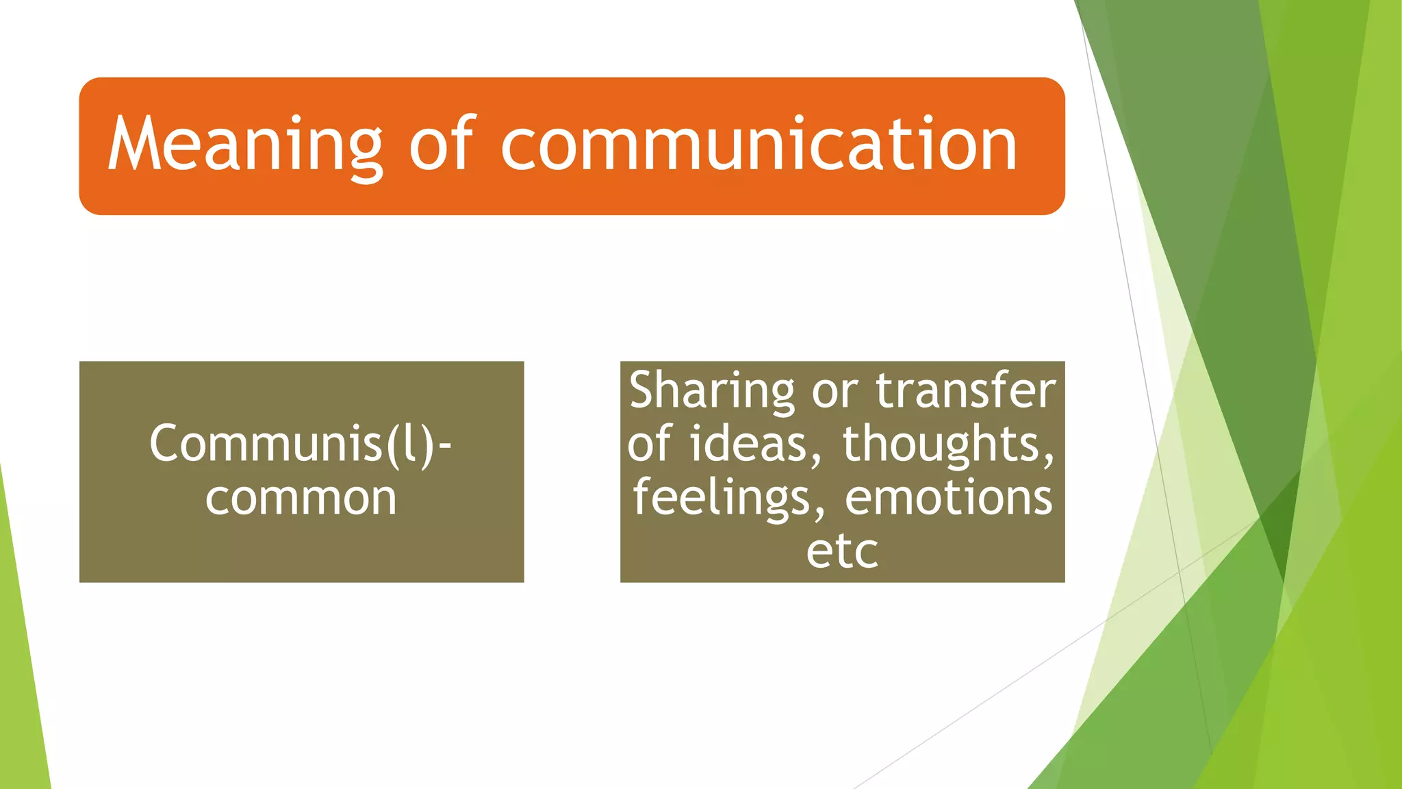 Meaning of communication
Communis(l)-
common
Sharing or transfer
of ideas, thoughts,
feelings, emotions
etc
 