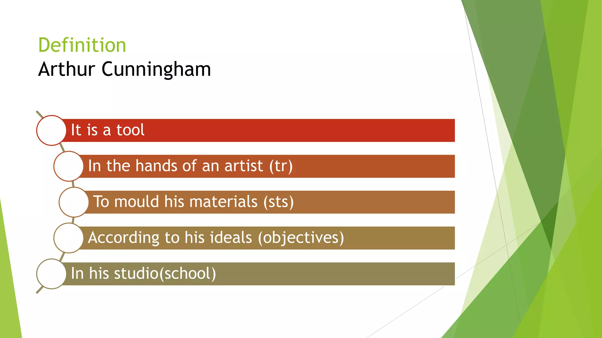 Definition
Arthur Cunningham
It is a tool
In the hands of an artist (tr)
To mould his materials (sts)
According to his ideals (objectives)
In his studio(school)
 