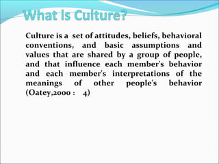 Culture is a set of attitudes, beliefs, behavioral
conventions, and basic assumptions and
values that are shared by a group of people,
and that influence each member's behavior
and each member's interpretations of the
meanings of other people's behavior
(Oatey,2000 ： 4)
 