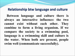 Between language and culture there is
always an interactive influence: the two
cannot exist without each other. They
combine to form a living organism. If we
compare the society to a swimming pool,
language is a swimming skill and culture is
the water. When both are present, people
swim well (communicate successfully).
 