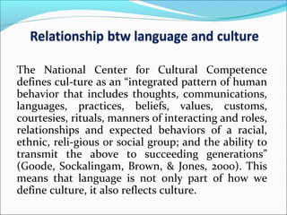 The National Center for Cultural Competence
defines cul­ture as an “integrated pattern of human
behavior that includes thoughts, communications,
languages, practices, beliefs, values, customs,
courtesies, rituals, manners of interacting and roles,
relationships and expected behaviors of a racial,
ethnic, reli­gious or social group; and the ability to
transmit the above to succeeding generations”
(Goode, Sockalingam, Brown, & Jones, 2000). This
means that language is not only part of how we
define culture, it also reflects culture.
 