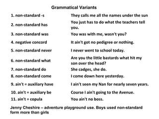 Grammatical Variants
1. non-standard -s They calls me all the names under the sun
2. non-standard has
You just has to do what the teachers tell
you.
3. non-standard was You was with me, wasn't you?
4. negative concord It ain't got no pedigree or nothing.
5. non-standard never I never went to school today.
6. non-standard what
Are you the little bastards what hit my
son over the head?
7. non-standard do She cadges, she do.
8. non-standard come I come down here yesterday.
9. ain't = auxiliary have I ain't seen my Nan for nearly seven years.
10. ain't = auxiliary be Course I ain't going to the Avenue.
11. ain't = copula You ain't no boss.
Jenny Cheshire – adventure playground use. Boys used non-standard
form more than girls
 