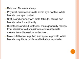  Deborah Tannen’s views:
• Physical orientation: male avoid eye contact while
female use eye contact.
• Status and connection: male talks for status and
female talks for solidarity.
• Directness and indirectness: male generally moves
from decision to discussion in contrast female
moves from discussion to decision.
• Male is talkative in public and quite in private while
female is quite in public and talkative in private.
 