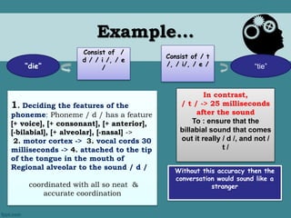 Example… 
Consist of / 
d / / i /, / e 
“die” “tie” 
/ 
Consist of / t 
/, / i/, / e / 
1. Deciding the features of the 
phoneme: Phoneme / d / has a feature 
[+ voice], [+ consonant], [+ anterior], 
[-bilabial], [+ alveolar], [-nasal] -> 
2. motor cortex -> 3. vocal cords 30 
milliseconds -> 4. attached to the tip 
of the tongue in the mouth of 
Regional alveolar to the sound / d / 
coordinated with all so neat & 
accurate coordination 
In contrast, 
/ t / -> 25 milliseconds 
after the sound 
To : ensure that the 
billabial sound that comes 
out it really / d /, and not / 
t / 
Without this accuracy then the 
conversation would sound like a 
stranger 
 