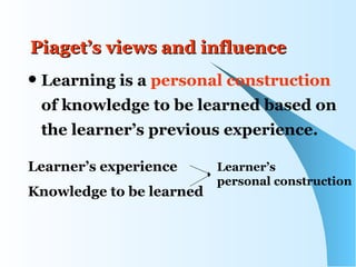 Piaget’s views and influence
   Learning is a personal construction
    of knowledge to be learned based on
    the learner’s previous experience.

Learner’s experience      Learner’s
                          personal construction
Knowledge to be learned
 