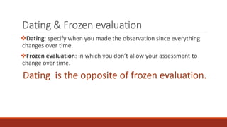 Dating & Frozen evaluation 
Dating: specify when you made the observation since everything 
changes over time. 
Frozen evaluation: in which you don’t allow your assessment to 
change over time. 
Dating is the opposite of frozen evaluation. 
 