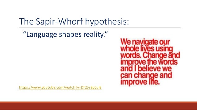 the sapir whorf hypothesis Sapir argued that: we see and hear and otherwise experience very largely as we do because the language habits of our community predispose certain choices. the sapir whorf hypothesis Sapir argued that: we see and hear and otherwise experience very largely as we do because the language habits of our community predispose certain choices.