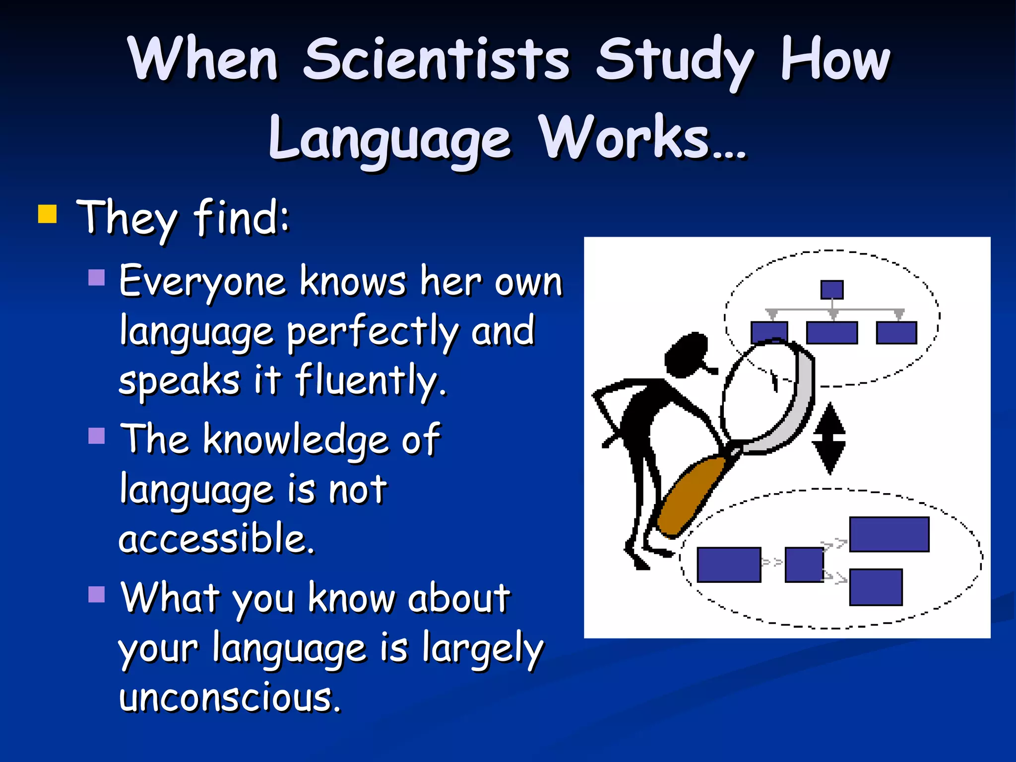 When Scientists Study How Language Works… They find:  Everyone knows her own language perfectly and speaks it fluently.  The knowledge of language is not accessible. What you know about your language is largely unconscious. 