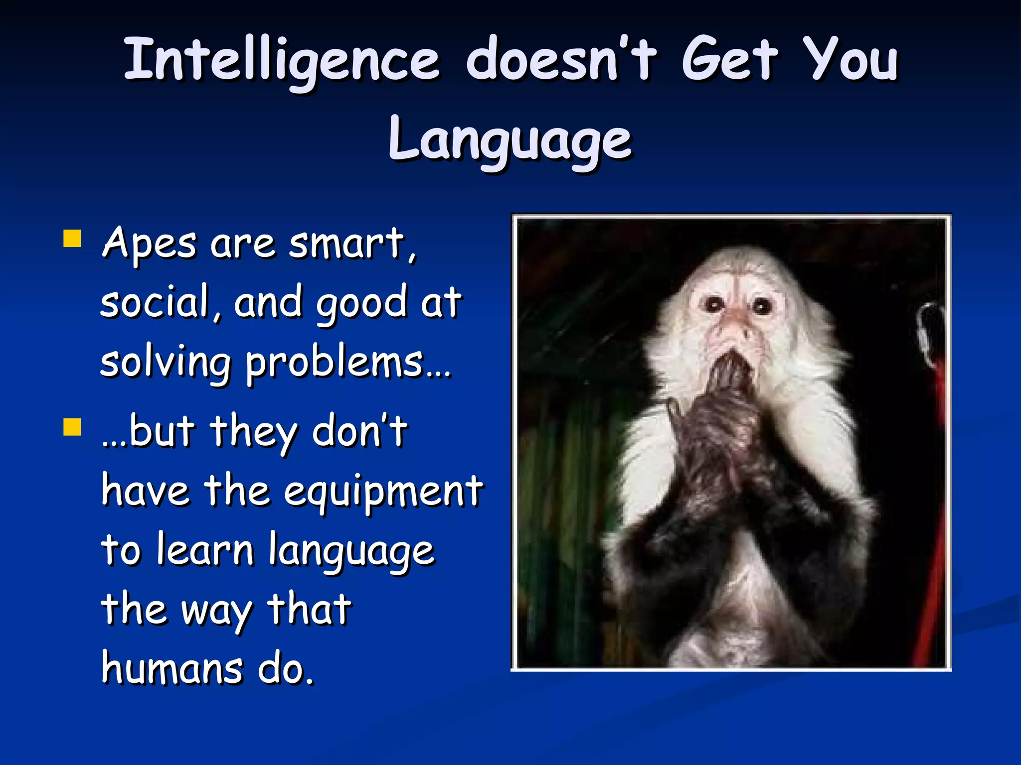 Intelligence doesn’t Get You Language Apes are smart, social, and good at solving problems… … but they don’t have the equipment to learn language the way that humans do. 