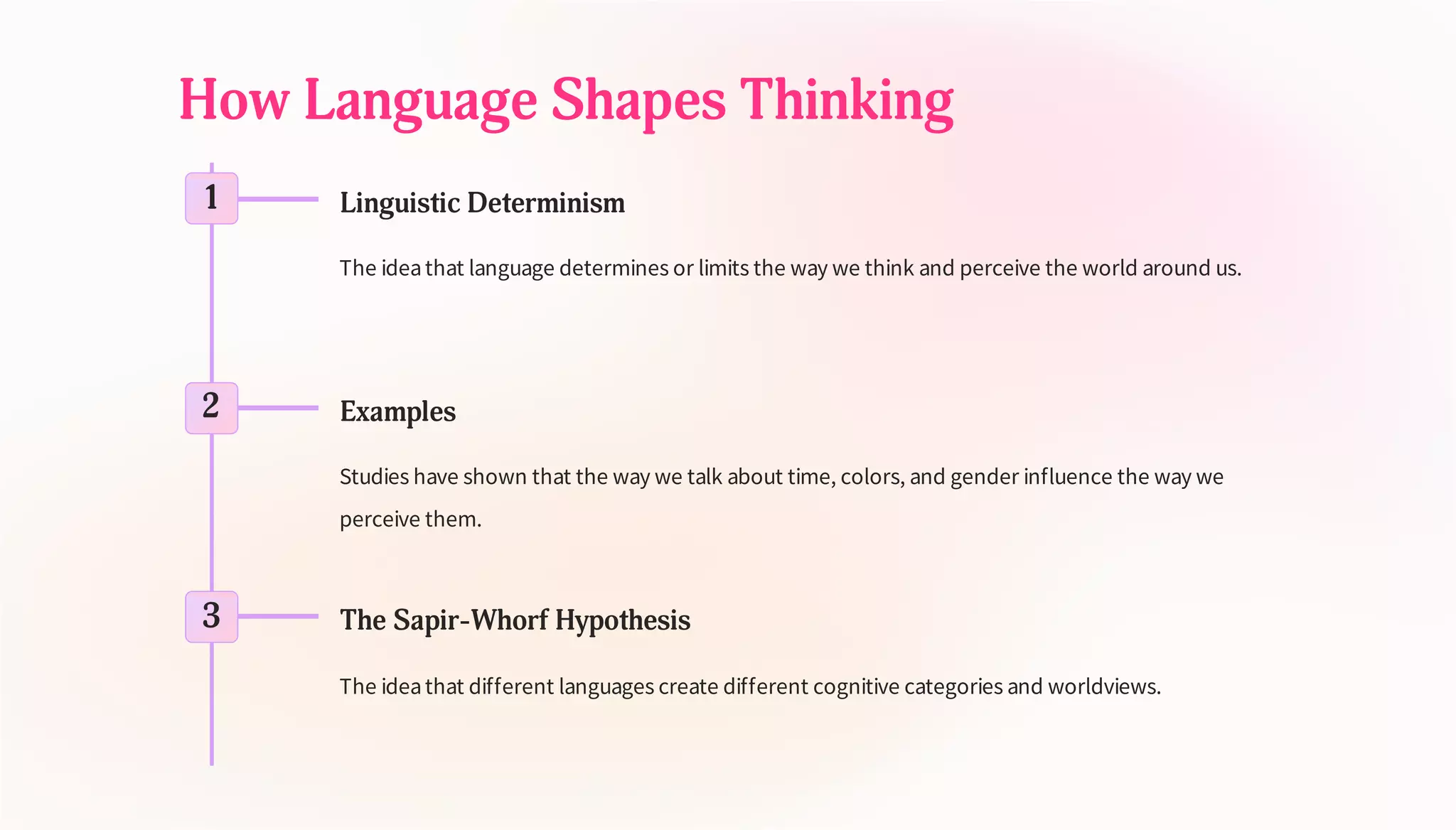 How Language Shapes Thinking
1 Linguistic Determinism
The ideathat language determines or limits the way we think and perceive the world around us.
2 Examples
Studies have shown that the way we talk about time, colors, and gender influence the way we
perceive them.
3 The Sapir-Whorf Hypothesis
The ideathat different languages create different cognitive categories and worldviews.
 