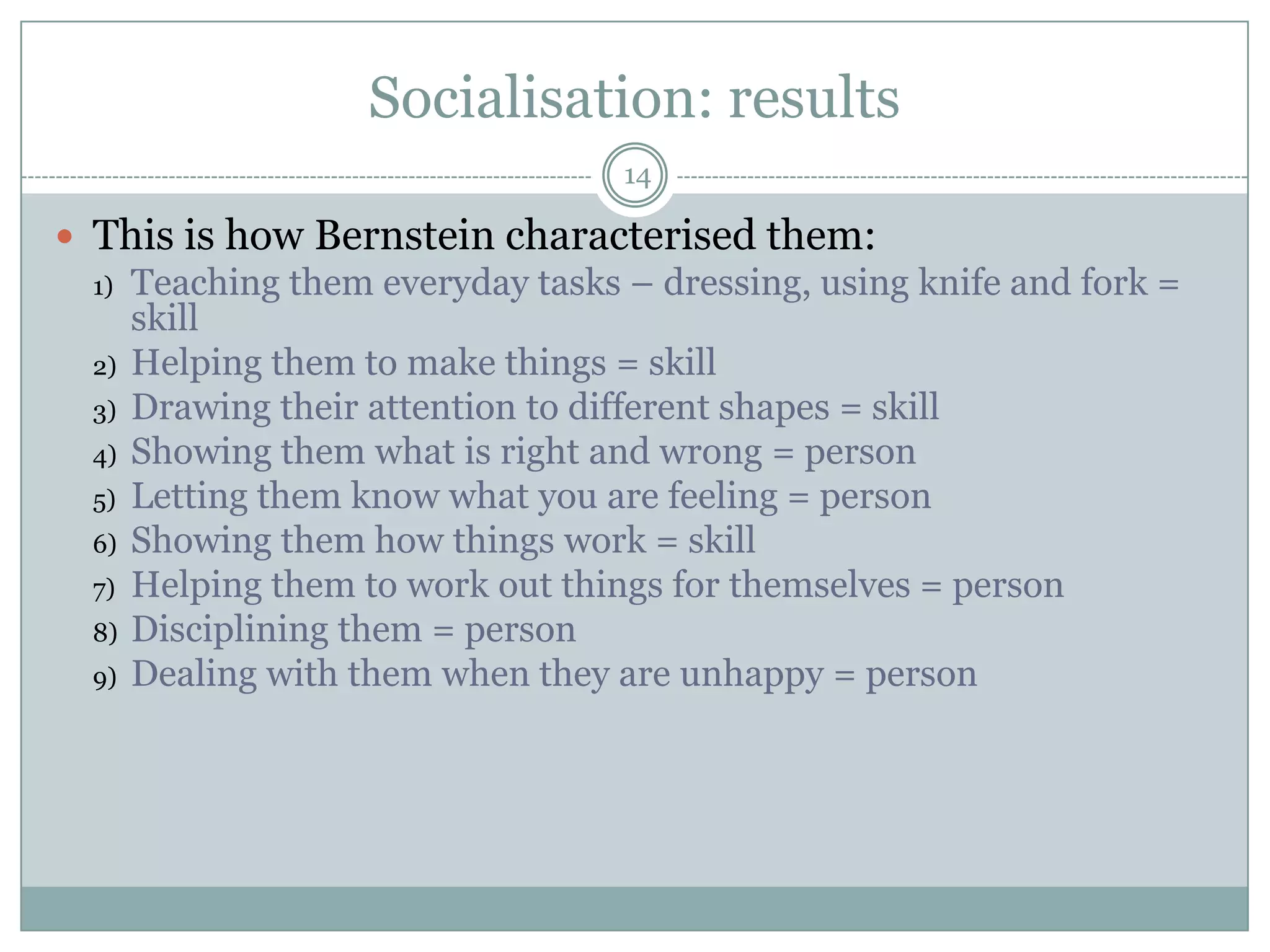 Socialisation: results14This is how Bernstein characterised them:Teaching them everyday tasks – dressing, using knife and fork = skillHelping them to make things = skillDrawing their attention to different shapes = skillShowing them what is right and wrong = personLetting them know what you are feeling = personShowing them how things work = skillHelping them to work out things for themselves = personDisciplining them = personDealing with them when they are unhappy = person