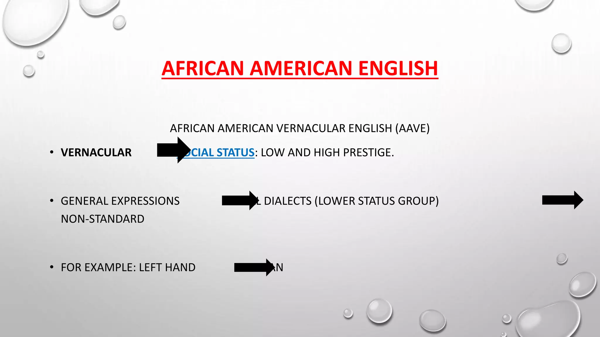 AFRICAN AMERICAN ENGLISH
AFRICAN AMERICAN VERNACULAR ENGLISH (AAVE)
• VERNACULAR SOCIAL STATUS: LOW AND HIGH PRESTIGE.
• GENERAL EXPRESSIONS SOCIAL DIALECTS (LOWER STATUS GROUP)
NON-STANDARD
• FOR EXAMPLE: LEFT HAND LEF HAN
 