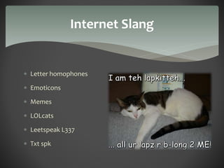 Letter homophones 
 Emoticons 
 Memes 
 LOLcats 
 Leetspeak L337 
 Txt spk 
Internet Slang 
 