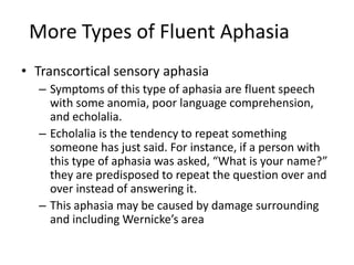 More Types of Fluent Aphasia
• Transcortical sensory aphasia
– Symptoms of this type of aphasia are fluent speech
with some anomia, poor language comprehension,
and echolalia.
– Echolalia is the tendency to repeat something
someone has just said. For instance, if a person with
this type of aphasia was asked, “What is your name?”
they are predisposed to repeat the question over and
over instead of answering it.
– This aphasia may be caused by damage surrounding
and including Wernicke’s area
 