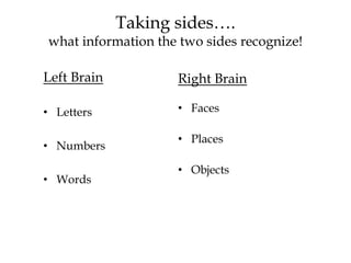 Taking sides….
what information the two sides recognize!
Left Brain
• Letters
• Numbers
• Words
Right Brain
• Faces
• Places
• Objects
 