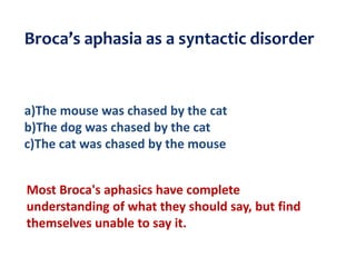 Broca’s aphasia as a syntactic disorder
a)The mouse was chased by the cat
b)The dog was chased by the cat
c)The cat was chased by the mouse
Most Broca's aphasics have complete
understanding of what they should say, but find
themselves unable to say it.
 