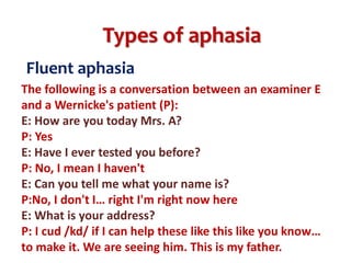Types of aphasia
Fluent aphasia
The following is a conversation between an examiner E
and a Wernicke's patient (P):
E: How are you today Mrs. A?
P: Yes
E: Have I ever tested you before?
P: No, I mean I haven't
E: Can you tell me what your name is?
P:No, I don't I… right I'm right now here
E: What is your address?
P: I cud /kd/ if I can help these like this like you know…
to make it. We are seeing him. This is my father.
 