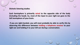 Dichotic listening studies
Each hemisphere is primarily wired to the opposite side of the body
(including the head). So, most of the input to your right ear goes to the
left hemisphere of your brain.
if you are right-handed, you will most probably be able to verify this by
observing the difference between holding a telephone receiver to your
right ear and holding it to your left ear during a conversation.
 