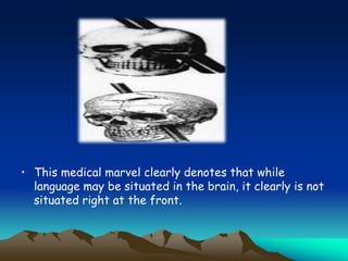 • This medical marvel clearly denotes that while
language may be situated in the brain, it clearly is not
situated right at the front.
 