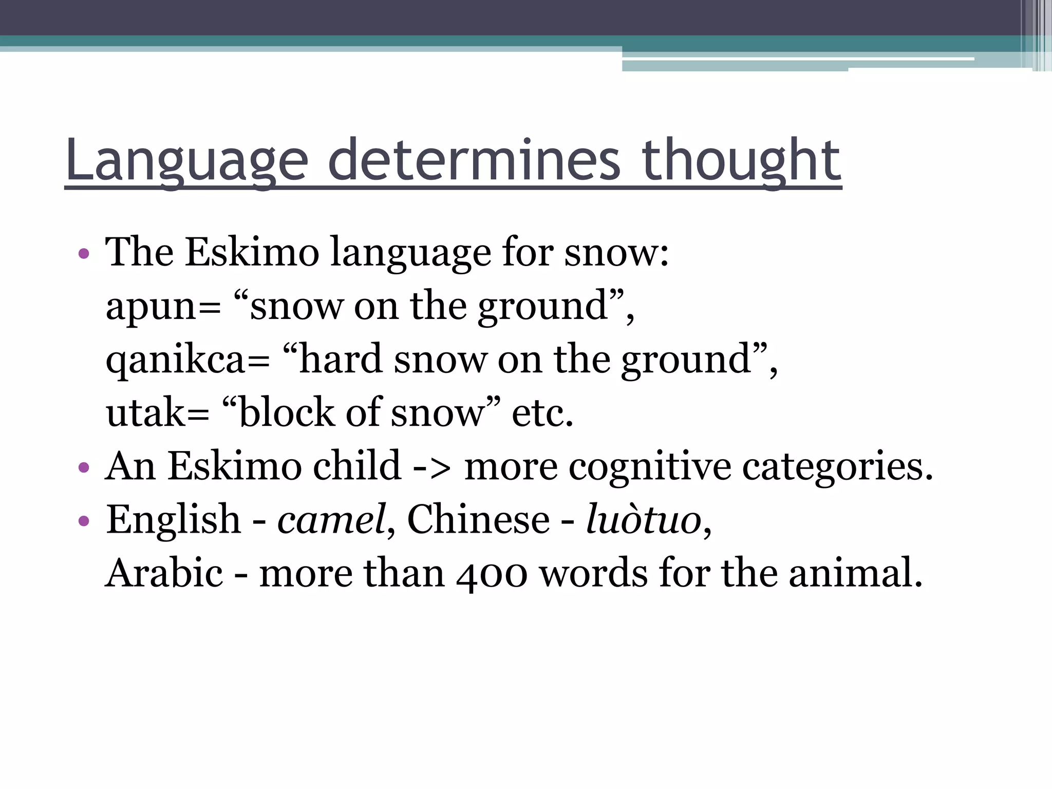 Language determines thought
• The Eskimo language for snow:
apun= “snow on the ground”,
qanikca= “hard snow on the ground”,
utak= “block of snow” etc.
• An Eskimo child -> more cognitive categories.
• English - camel, Chinese - luòtuo,
Arabic - more than 400 words for the animal.

 