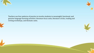 Teachers use four patterns of practice to involve students in meaningful, functional, and
genuine language-learning activities: literature focus units, literature circles, reading and
writing workshops, and thematic units.

 