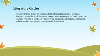 Literature Circles
• Teachers choose five or six books and collect multiple copies of each one.
Students choose the book they want to read and form groups or “book clubs” to
read and respond to the book. They develop a reading and discussion schedule,
and the teacher participates in some of the discussions.

 