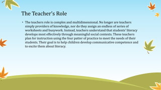 The Teacher’s Role
• The teachers role is complex and multidimensional. No longer are teachers
simply providers of knowledge, nor do they assign an endless of series of
worksheets and busywork. Instead, teachers understand that students’ literacy
develops most effectively through meaningful social contexts. These teachers
plan for instruction using the four patter of practice to meet the needs of their
students. Their goal is to help children develop communicative competence and
to excite them about literacy.

 