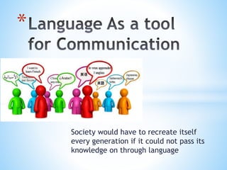 Society would have to recreate itself
every generation if it could not pass its
knowledge on through language
*
 