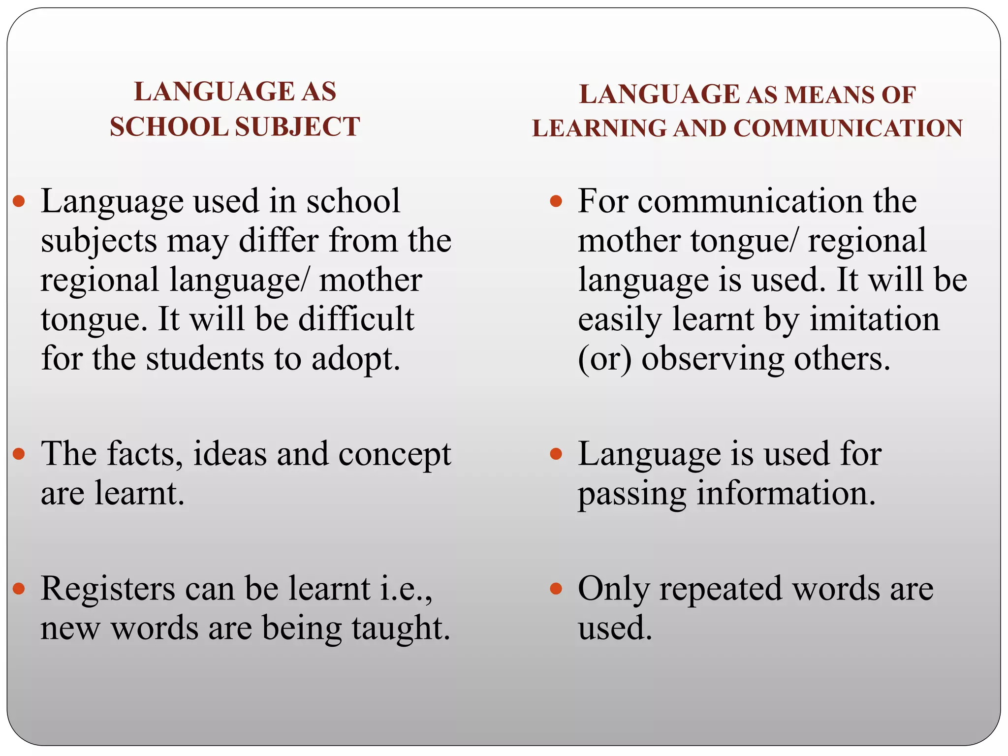 LANGUAGE AS
SCHOOL SUBJECT
 Language used in school
subjects may differ from the
regional language/ mother
tongue. It will be difficult
for the students to adopt.
 The facts, ideas and concept
are learnt.
 Registers can be learnt i.e.,
new words are being taught.
LANGUAGE AS MEANS OF
LEARNING AND COMMUNICATION
 For communication the
mother tongue/ regional
language is used. It will be
easily learnt by imitation
(or) observing others.
 Language is used for
passing information.
 Only repeated words are
used.
 