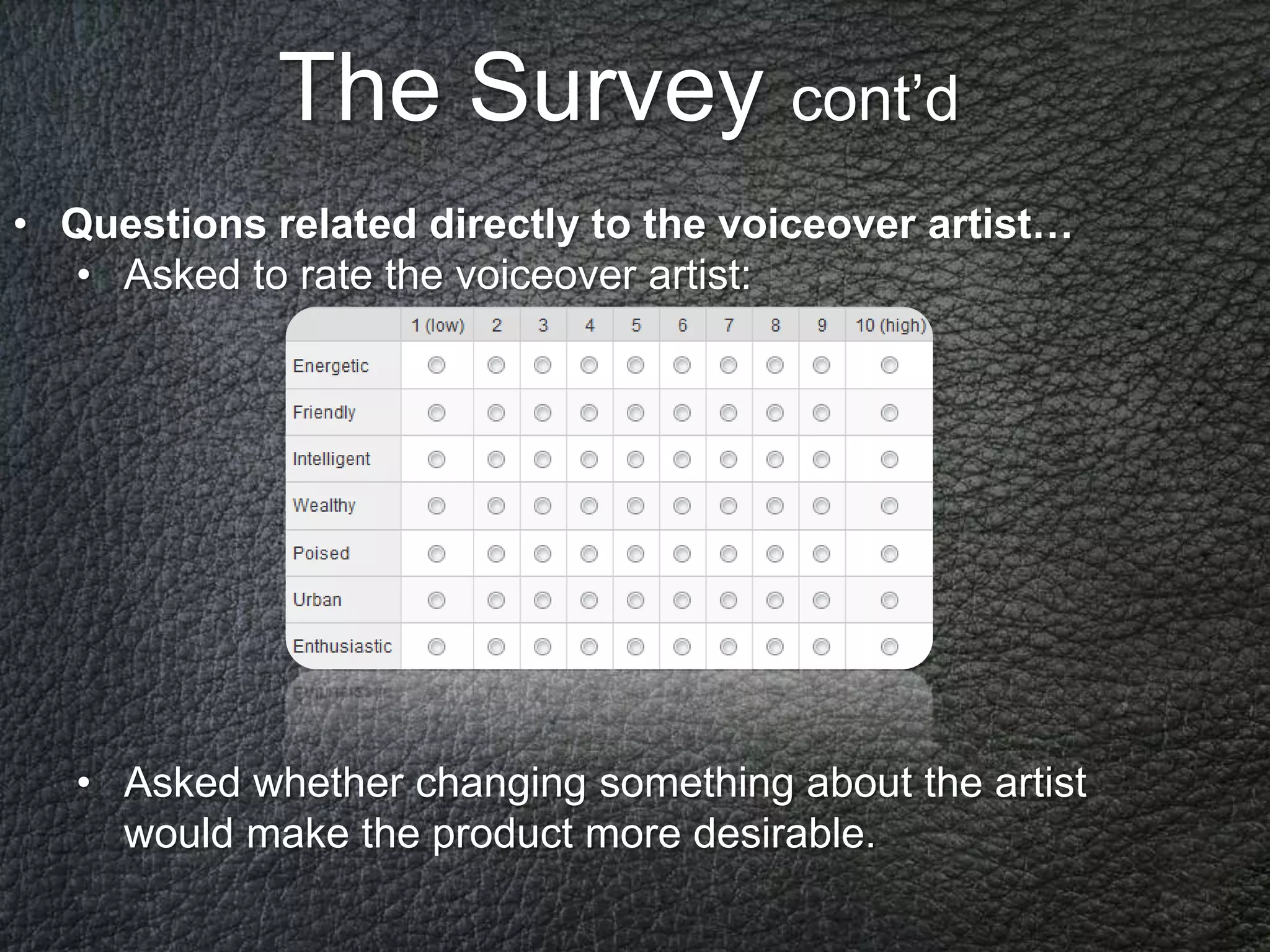 The Survey cont’d
• Questions related directly to the voiceover artist…
  • Asked to rate the voiceover artist:




   • Asked whether changing something about the artist
     would make the product more desirable.
 