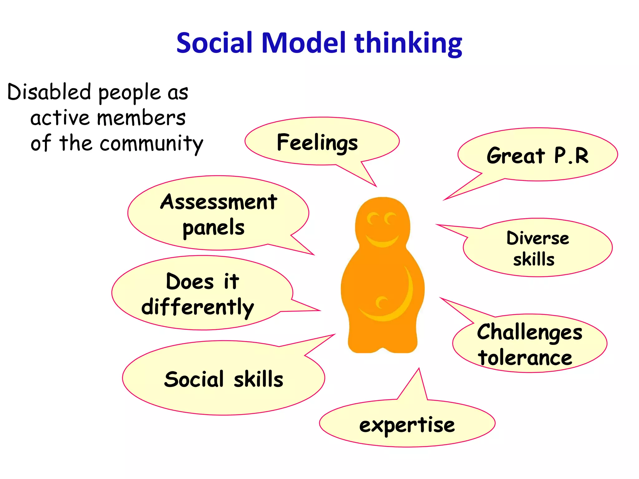 Social Model thinking Disabled people as active members of the community  Great P.R expertise Challenges tolerance  Diverse skills  Social skills Does it differently  Feelings  Assessment panels  