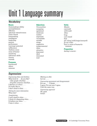 Unit 1 Language summary
Vocabulary
Nouns                                   Adjectives                                Verbs
(homemaking) ability                    Personalities                             Modals
accomplishment                          easygoing                                 can/could
affection                               egotistical                               will/would
(physical) attractiveness               intolerant                                Other
(close) friend                          modest                                    brag
homemaking                              organized                                 can’t stand
intelligence                            (un)reliable                              ﬁnd
leadership                              sociable                                  get (along [with]/angry/annoyed)
passion                                 stingy                                    go out (with)
performance                             supportive                                have (a sense of humor/in
(earnings) potential                    temperamental                               common)
selﬂessness                             Other
(fashion) sense                                                                   Preposition
                                        attractive
sense of humor                                                                    during (a movie)
                                        depressed
sensitivity                             ideal
(job/social) skills                     interested
success                                 mad
warmth
Pronouns
him/herself
others
someone


Expressions
Expressing likes and dislikes                   Making an offer
What kind of . . . do you like?                 Let me . . . .
  I like people who/that . . . .                Expressing agreement and disagreement
  I’d prefer someone who/that . . . .           For me, . . . ./I think . . . .
I like/love (it when) . . . .                   I agree./I’m not sure I agree.
I’d really like to . . . .                      I feel the same way.
I don’t mind it when . . . .
                                                Expressing approval
Asking for more information                     Oh, good.
What else?                                      Great!
Complaining
I can’t stand it when . . . .
I think it’s disgusting when . . . .
It bothers me when . . . .
I hate it when . . . .




T-176                                                                   Photocopiable     © Cambridge University Press
 