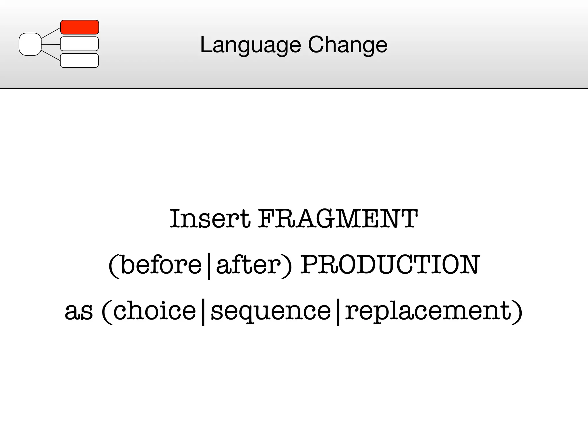Language Change




       Insert FRAGMENT
  (before|after) PRODUCTION
as (choice|sequence|replacement)
 