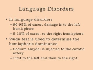 Language Disorders In language disorders 90-95% of cases, damage is to the left hemisphere 5-10% of cases, to the right hemisphere Wada test is used to determine the hemispheric dominance Sodium amydal is injected to the carotid artery First to the left and then to the right 