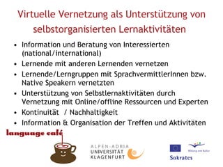 Virtuelle Vernetzung als Unterstützung von selbstorganisierten Lernaktivitäten   Information und Beratung von Interessierten (national/international)  Lernende mit anderen Lernenden vernetzen Lernende/Lerngruppen mit SprachvermittlerInnen bzw. Native Speakern vernetzten Unterstützung von Selbstlernaktivitäten durch Vernetzung mit Online/offline Ressourcen und Experten Kontinuität  / Nachhaltigkeit Information & Organisation der Treffen und Aktivitäten 