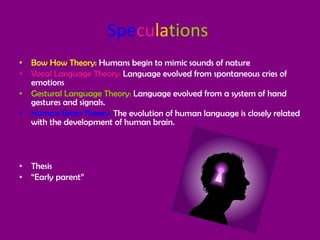 Spe cu la tions  Bow How Theory : Humans begin to mimic sounds of nature Vocal Language Theory:  Language evolved from spontaneous cries of emotions Gestural Language Theory:  Language evolved from a system of hand gestures and signals. Human Brain Theory:  The evolution of human language is closely related with the development of human brain. Thesis “ Early parent” 