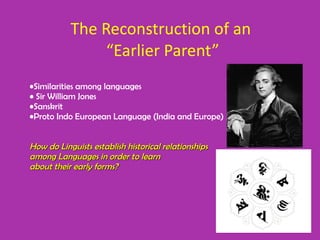 The Reconstruction of an  “Earlier Parent” Similarities among languages Sir William Jones  Sanskrit Proto Indo European Language (India and Europe) How do Linguists establish historical relationships  among Languages in order to learn  about their early forms? 