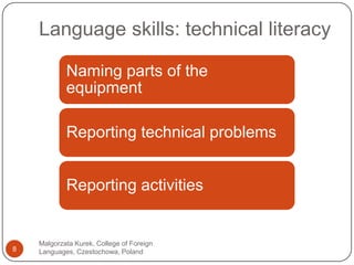 Languageskills: technicalliteracyMalgorzata Kurek, College of Foreign Languages, Czestochowa, Poland8
